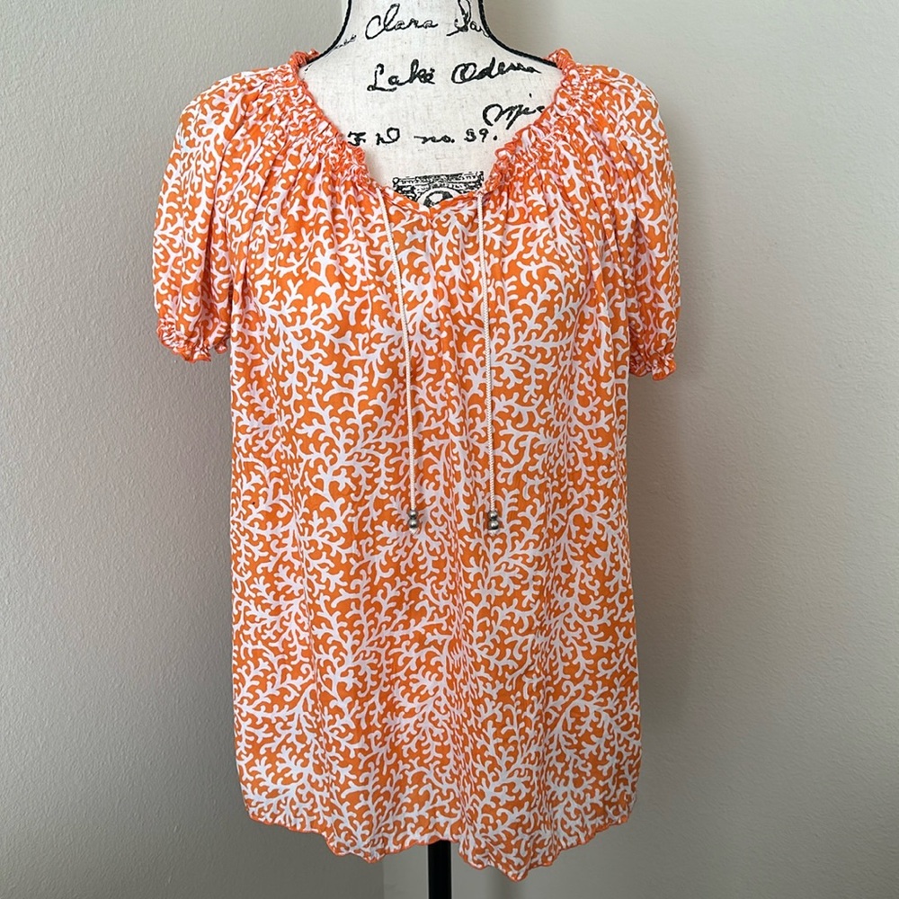 Croft & Barrow Women's Orange White Abstract Print Puff Sleeve V-Neck Blouse M